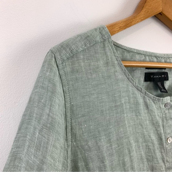 Tahari 100% Linen Green Lagenlook Shirt Size 1X Tab Sleeves - Picture 6 of 12